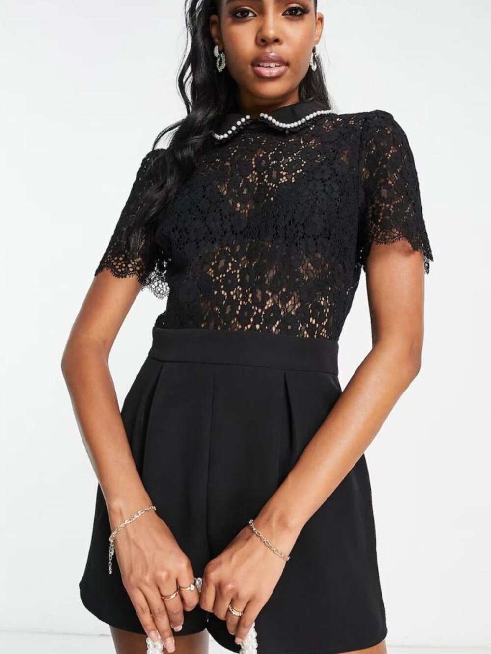 Miss Selfridge lace collared pearl trim 2 in 1 romper in black